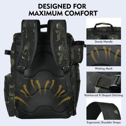 MGB Fishing Tackle Backpack with Rod Holders & YKK Zipper, 46L Fishing Bag with Bottle Holder, Storage Bag Store Fishing Gear - color: Green+black Camo（without Tackle Box）