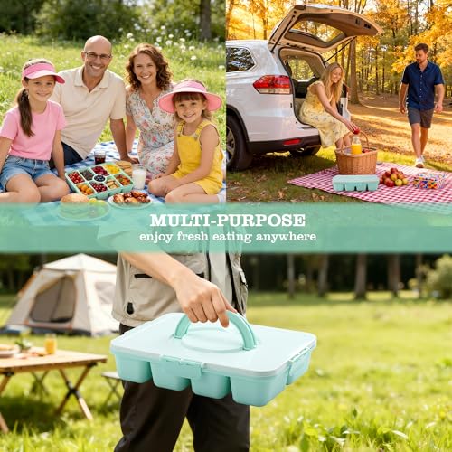 Snackle Box Container, Divided Serving Tray with Lid and Handle, 9 Compartments Snack Box Container for Adults, Portable Charcuterie Serving Platter for Candy Fruit, 9.9 Cups, Seafoam Green - color: Seafoam Green
