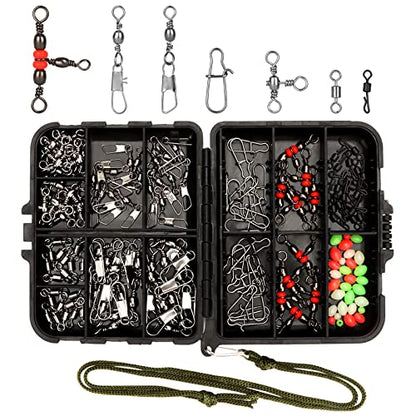 Realure 160 Pcs/box Fishing Swivel Snaps Kit Sea Fishing Barrel Swivel Snaps Ball Bearing Swivels Fishing Tackle with Multiple Fishing Swivels and Clips Luminous Fishing Beads for Saltwater Freshwater