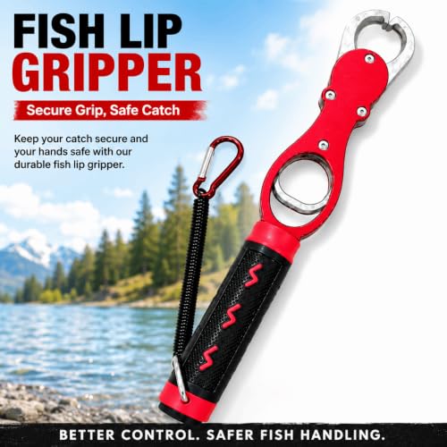 Fish Lip Gripper with Built-in Scale 18kg (39.7 lb) – Portable Fish Controller Tool with Non-Slip Handle for Freshwater & Saltwater Fishing(Red) - color: Red