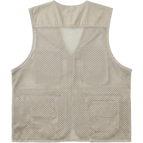 Men's Fishing Vest Multi-Pockets Unisex Mesh Utility Summer Vest for Hiking, Travel, Safari Waistcoat Jacket - color: Beige, size: Large