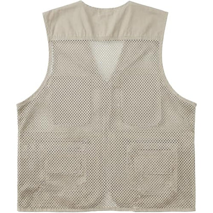 Men's Fishing Vest Multi-Pockets Unisex Mesh Utility Summer Vest for Hiking, Travel, Safari Waistcoat Jacket - color: Beige, size: Medium