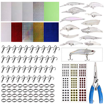 Unpainted Fishing Lures Making Kit, 286pcs DIY Lure Blank Crankbaits Minnow Hard Bait Set with Treble Hooks,Split Rings,3D Eyes,Fishing Lure Stickers Pliers DIY Fishing Tackle - style: 286pcs Kit