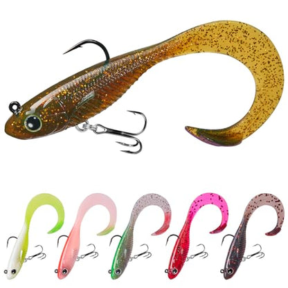 TRUSCEND Duramax Easy Catch Soft Fishing Lures with BKK Hook, Trembly Sinking & Vibrating Swim for More Bites, Pre-Rigged Curly & T-Tail Swimbait for Bass, Trout, Crappie, Freshwater Saltwater Fishing - color: A-2.5"-1/8oz