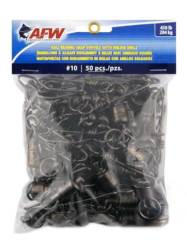 AFW Solid Brass Ball Bearing Snap Swivels with Welded Rings - Black Finish, Up to 450 lb Test Capacity, Patented Bullet Shaped Head for Reduced Water Resistance, Fluid Rotation - size: 50 pc, #10, 450 lb test
