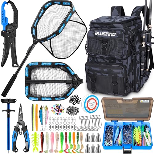 PLUSINNO Fishing Backpack with Fishing Gear Fish Net & Rod Holders Tackle Box, 42L Large Water-resistant Tackle Bag Store - color: Black Camouflage With Net