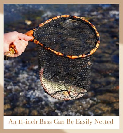 Fly Fishing Net with Release, Lightweight Trout Fishing Net with Wooden Handle Frame, Rubber-Coated Mesh Landing Nets for Minnow, Catch and Release