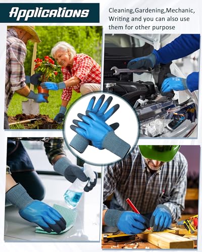 Mimorou 24 Pairs Waterproof Work Gloves Bulk for Men and Women Double Rubber Coated Non-slip Working Gloves for Gardening Outdoor Construction, Blue and Grey, XL