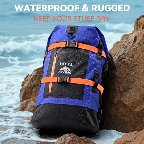 HEETA Dry Bags Waterproof Backpack 40L for Men & Women, Roll Top Heavy Duty Cushioned Hiking Backpack for Kayaking Boating Paddle Boarding Fishing Travel Camping Beach Vacation Cruise Ship Essentials - color: Blue