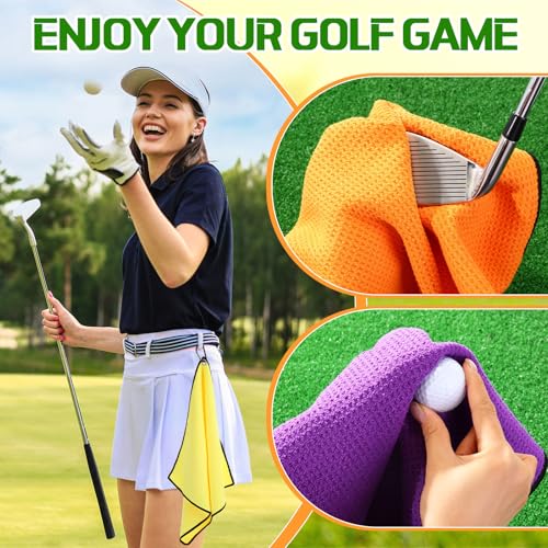 Batiyeer 12 Pcs Golf Towel Bulk for Golf Bags Microfiber Fabric Towel with Clip Waffle Pattern, Fitness, Camping, Hiking, Yoga - color: Red, Yellow, Orange, Purple