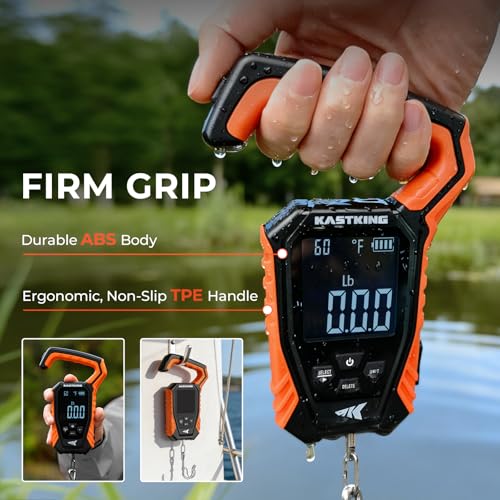 KastKing Weighmaster Mechanical-Digital Fishing Scale with Lip Gripper, 120 lb Capacity, 2.5" Backlit Display, High-Precision Sensor, 9 Weight Memory, Temperature Detection, IPX6 Waterproof - style: D: Orange Combo