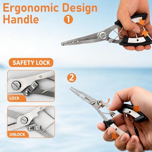 6.5 Inch Long Black Fish Pliers, Lockable Stainless Steel Fishing Tool with Lanyard, Durable Fishing Pliers with Line Cutter for Saltwater & Freshwater Hook Remover