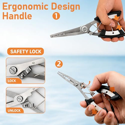 6.5 Inch Long Black Fish Pliers, Lockable Stainless Steel Fishing Tool with Lanyard, Durable Fishing Pliers with Line Cutter for Saltwater & Freshwater Hook Remover