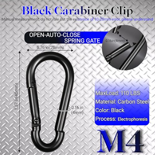 12 Pack 1.57" Heavy Duty Carabiner Clips, M4 Black Galvanized Steel Spring Snap Hooks, Rust-Resistant Keychain Clips for Hammock, Camping, Hiking, Fishing, Swing Set - color: Black, size: M4-1.57"