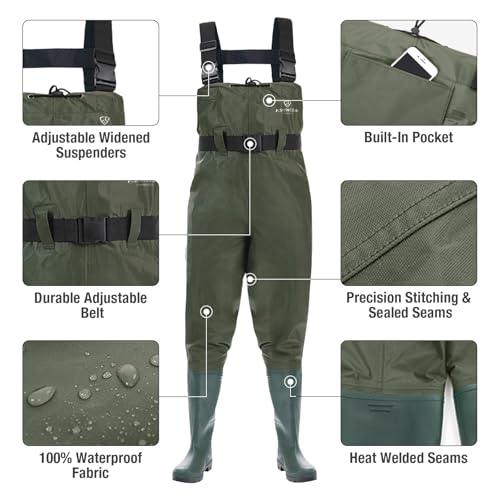 FISHINGSIR Fishing Waders for Men, 2-Ply Nylon/PVC Waterproof Women Chest Wader with Boots, Bootfoot Hunting Waders - color: Green, size: M10/W12