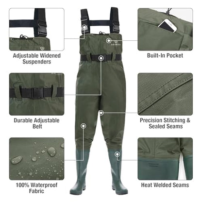 FISHINGSIR Fishing Waders for Men, 2-Ply Nylon/PVC Waterproof Women Chest Wader with Boots, Bootfoot Hunting Waders - color: Green, size: M10/W12