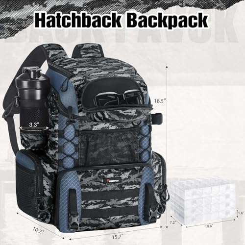 Piscifun Fishing Tackle Backpack with Rod Holders & 4 Tackle Boxes, 42L Outdoor Fishing Bag with Waterproof Rain Cover - color: Balck Camouflage