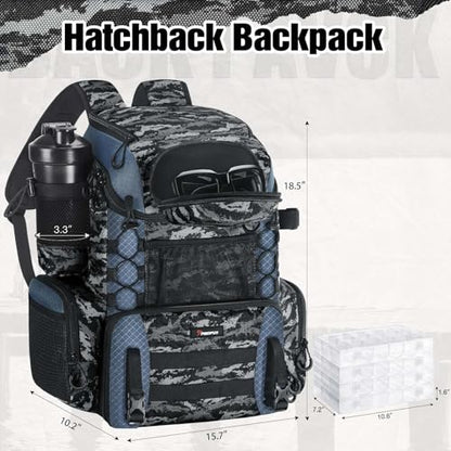 Piscifun Fishing Tackle Backpack with Rod Holders & 4 Tackle Boxes, 42L Outdoor Fishing Bag with Waterproof Rain Cover - color: Balck Camouflage