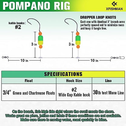 Pompano-Rigs-for-Surf-Fishing-Saltwater-Gear with Double Circle & Wide Gap Hook-6-Pack Surf Fishing Tackle - color: Green and Chartreuse 6-Pack, size: #2 Wide Gap Hook