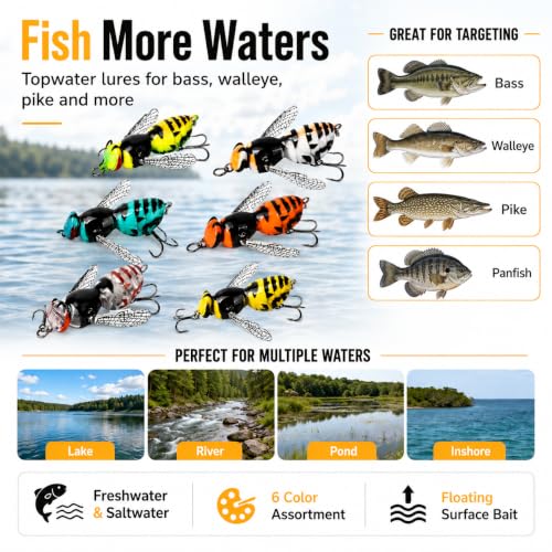 6Pack Bionic Wasp Topwater Lure,Top Water Fishing Lures,Topwater Lures for Bass Walleye Pike,2026 Wasp Crawl Bait for Freshwater and Saltwater-Floating Hard Bait w/Carbon Steel Treble Hooks - size: No. 12