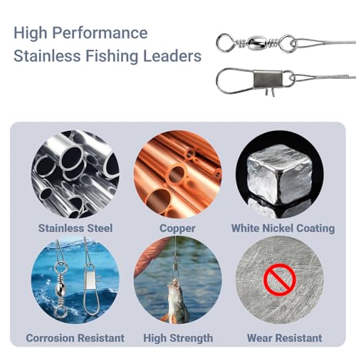 AMYSPORTS High Strength Fishing Leaders Rig Heavy Duty Fishing Leader Saltwater Line Stainless Wire Leaders Steel White Nickel 60pcs