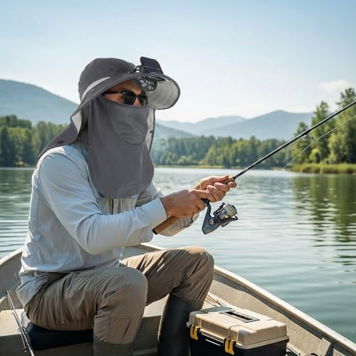 Berlune Solar Fan Hat Outdoor Fishing Hat with Neck Flap and Face Mask USB and Solar Powered for Men Women Sun Protection - color: Dark Gray
