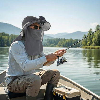 Berlune Solar Fan Hat Outdoor Fishing Hat with Neck Flap and Face Mask USB and Solar Powered for Men Women Sun Protection - color: Dark Gray