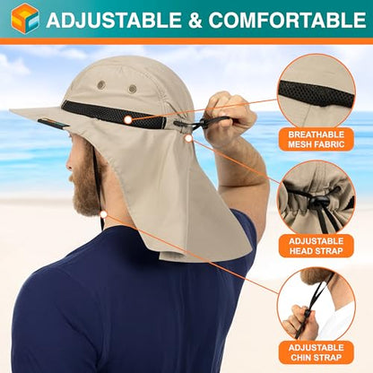 SUN CUBE UPF50+ Sun Hat for Men Women with Neck Flap, Wide Brim UV Protection Fishing Safari Hat for Hiking Beach Gardening - color: Tan