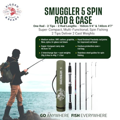 Rigged and Ready Smuggler Series™ Travel Fishing Rods. Super Compact, 1 Spinning Rod and Reel Combo, 4 Spin, 1 Casting Rod + Cases. 2, 3 or 4 Tips. Spin and General Freshwater - Saltwater Fishing
