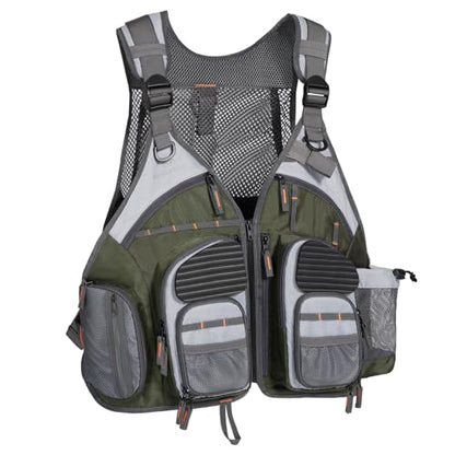 BASSDASH Strap Fishing Vest Adjustable for Men and Women, for Fly Bass Fishing and Outdoor Activities - color: Dark Green