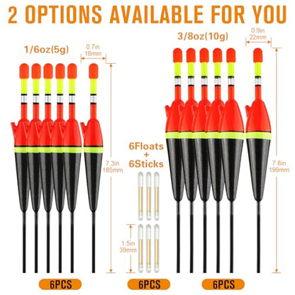 Dovesun Light Up Bobbers Night Fishing Slip Bobbers for Fishing Bobbers Floats Pcs with Glow Sticks Pcs for Catfish Crappie 6PCS - size: 1/6oz-5g-6PCS