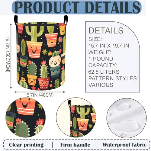 Cactus Laundry Basket Hamper 19.7"x15.8", Succulent Plant Foldable Waterproof Oxford Clothes Storage Bucket for Room Bathroom Bedroom Nursery Decor, Toy Organizer Bins Gifts for Kids Boys Girls - style: Cactus