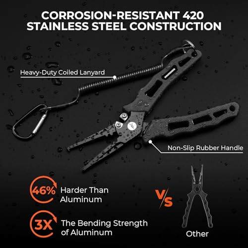 KastKing Cutthroat 7 inch Fishing Split Ring Pliers, 420 Stainless Steel Fishing Tools, Saltwater Resistant Fishing Gear, Tungsten Carbide Cutters - color: Black