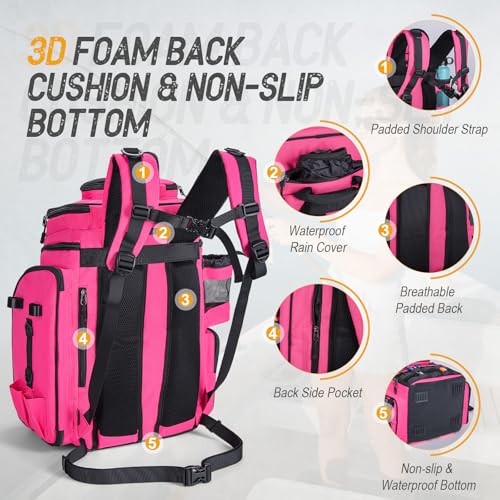 Goture Fishing Backpack with 4 Tackle Boxes, 900D Water-Resistant Tackle Backpack with Rod Holders,Insulated Cooler Compartment, 55L Large Capacity Fishing Gear Storage Bag for Saltwater & Freshwater - color: A3:pink(4 Tackle Boxes Included)
