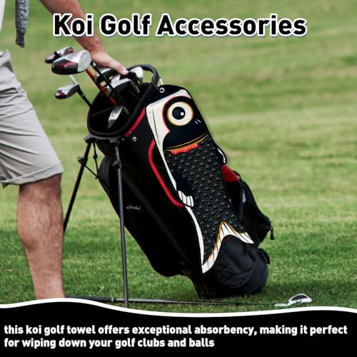 Mindsoft Koi Fish Golf Towel Cute Microfiber Golf Towel Carabiner Clip, Cleaning Cloth & Clubs Koi Pattern Golfs Accessories and Gifts for Men Women(Black) - color: Black