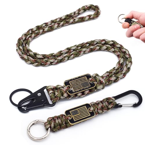 Heavy Duty Braided Paracord Lanyard Keychain with USA Flag, Parachute Rope Necklace Keychains, Braided Strong Lanyard - color: 2 Pcs Army Green Camo