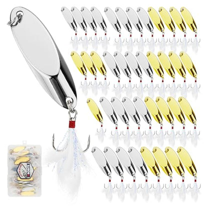 Jigging Spoon Fishing Lures 20/40PCS Kit – Metal Casting Spoon Lure Set with Treble Hooks, Mixed Sizes Spinner Baits for Saltwater & Freshwater Trout, Salmon, Bass - color: Silver, Gold, size: Mixed Size 40PCS