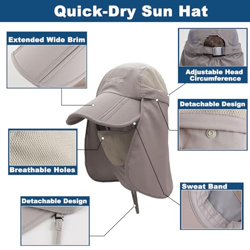 Surblue Neck Face Flap Outdoor Cap UV Protection Sun Hats Fishing Hat Quick-Drying UPF50+ - color: A-light Grey, size: Medium