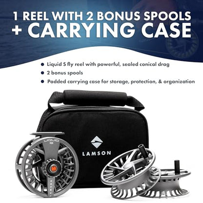 LAMSON | Liquid S-Series Fly Fishing Reel 3 Pack | All-Water | 1 Reel & 2 Bonus Spools + Carrying Case | Large Arbor, Powerful Sealed Drag, Pressure Cast Aluminum - color: SMOKE HD, size: -9+