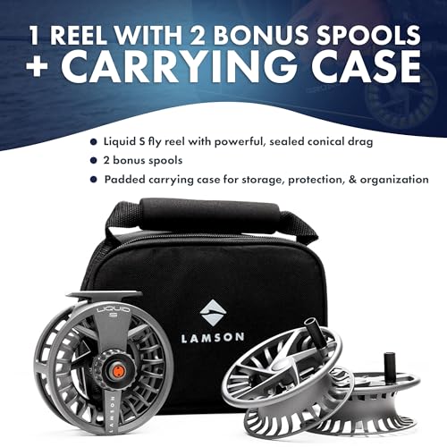 LAMSON | Liquid S-Series Fly Fishing Reel 3 Pack | All-Water | 1 Reel & 2 Bonus Spools + Carrying Case | Large Arbor, Powerful Sealed Drag, Pressure Cast Aluminum - color: SMOKE HD, size: -5+