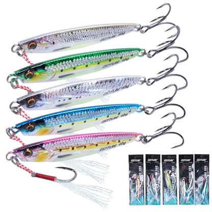 Goture Fishing Jigs, 40g 60g 80g Vertical Jig Saltwater Freshwater, Jig Fishing Lures with Assist Hook and Treble Hook, 5PCS Jigging Spoon Lures, Speed Fast Fall Jigs for Tuna,Salmon,Bass - color: A:5pcs Fishing Jigs, size: 40g
