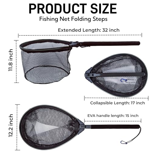 Floating Fishing Net, Rubber Coated Landing Net Ideal for Kayak & Wading Fishing, Easy Catch & Release, Compact & Foldable for Easy Transportation & Storage