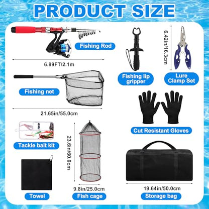 51 Pcs Fishing Rods Combo 6.89ft Telescopic Freshwater Pole Set with Plier Lip Gripper Lures Carrier Bag Pre Loaded Spinning Reel with Freshwater Rod Reel Kit Father Men Gift - color: Red