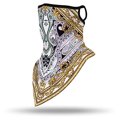 YAYOUREL Neck Gaiter Face Mask Bandanas for Men Women UV Face Scarf Cover Ear Loop Hole Facemask for Fishing Running Cycling - color: Gold White Purple