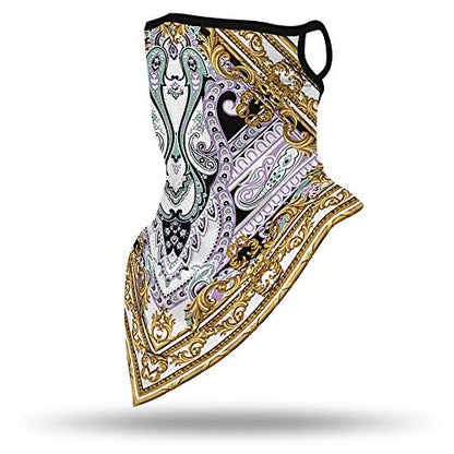 YAYOUREL Neck Gaiter Face Mask Bandanas for Men Women UV Face Scarf Cover Ear Loop Hole Facemask for Fishing Running Cycling - color: Gold White Purple