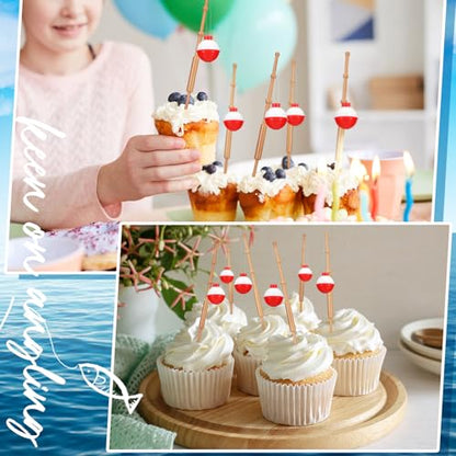 Reallnaive 24 Pcs Fishing Float Cupcake Toppers Fisherman Pole Picks Party Supplies Bulk, 3D Fish Bobber Push Button Round Buoy Floats for Fishing Birthday Party Decorations(Bobber) - style: Bobber
