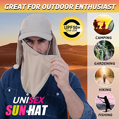 USHAKE Sun Cap Fishing Hat Baseball Cap with Face Neck Cover Flap - color: Khaki-1