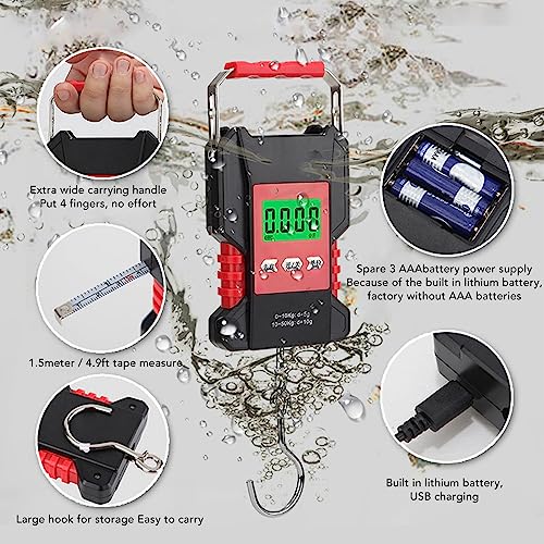 Fish Scale Digital Weight 110lb with Backlit LCD and USB Charging Compatible for Luggage Fishing Travel Includes Measuring Tape Design