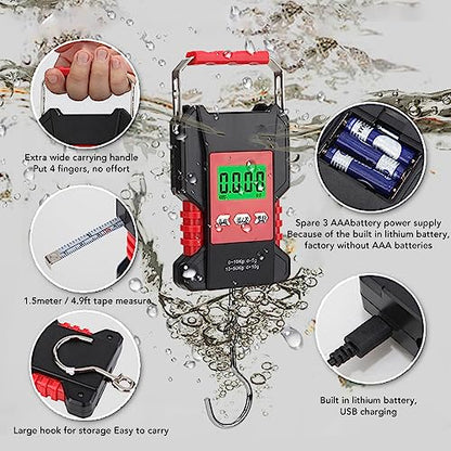 Fish Scale Digital Weight 110lb with Backlit LCD and USB Charging Compatible for Luggage Fishing Travel Includes Measuring Tape Design
