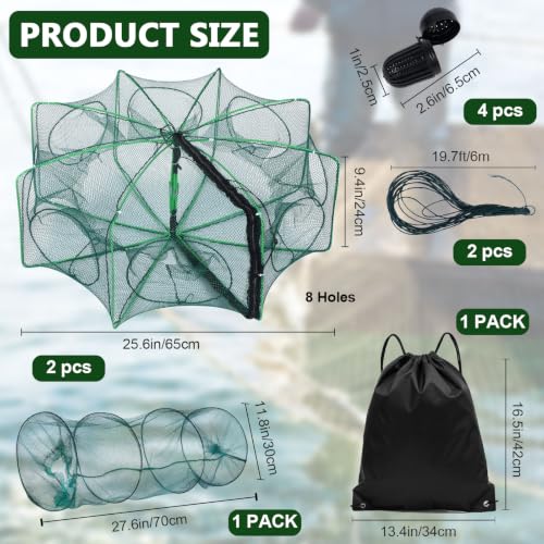 3 Pcs Fish Casting Net Collapsible Minnow Cage with Bait Box Rope Storage Bag, Folding Nylon Fishing Crabbing Equipment and Supplies for Lobster Crawfish Crayfish Crawdad Shrimp
